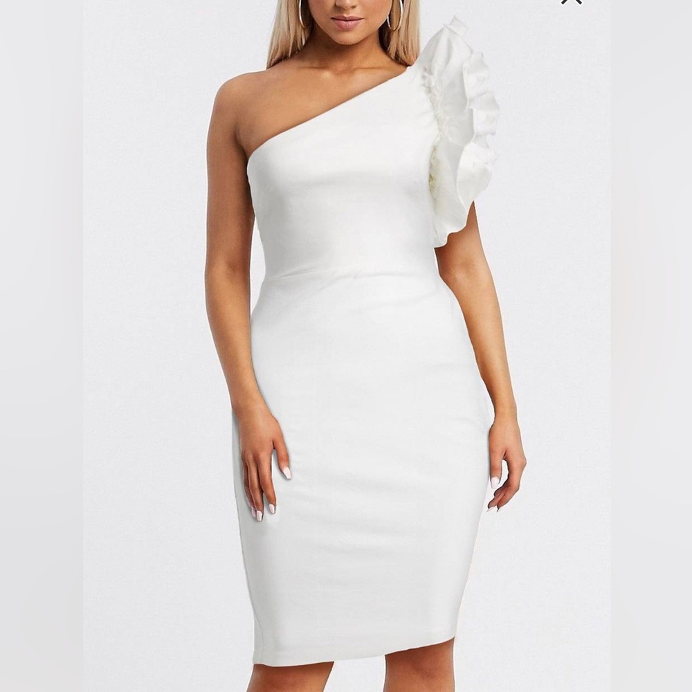 Vesper White One Shoulder ruffle detail Midi Dress Women’s US size 2